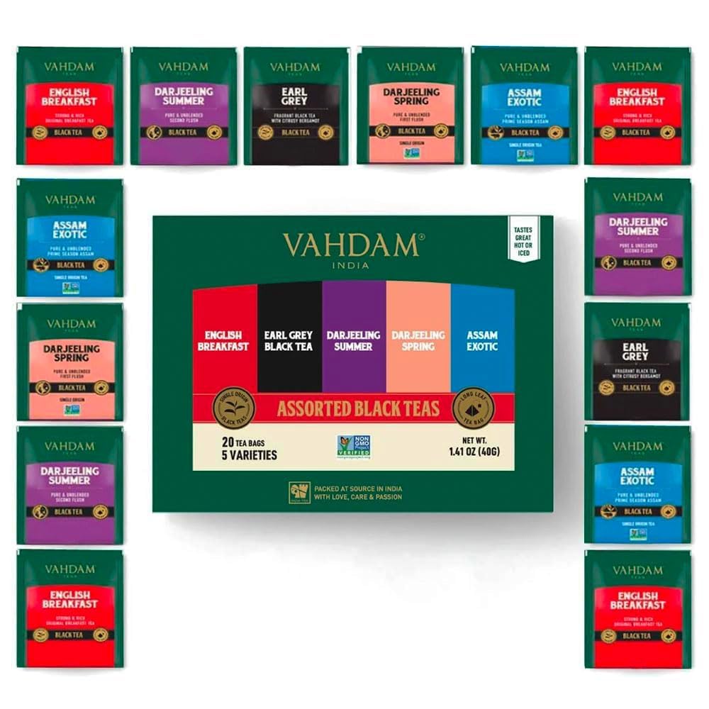 VAHDAM, Assorted Black Tea Bags Sampler (5 Flavors, 20 Ecofriendly Pyramid Tea bags) I Gift Ideas for Women & Men, Assam and Darjeeling Teas