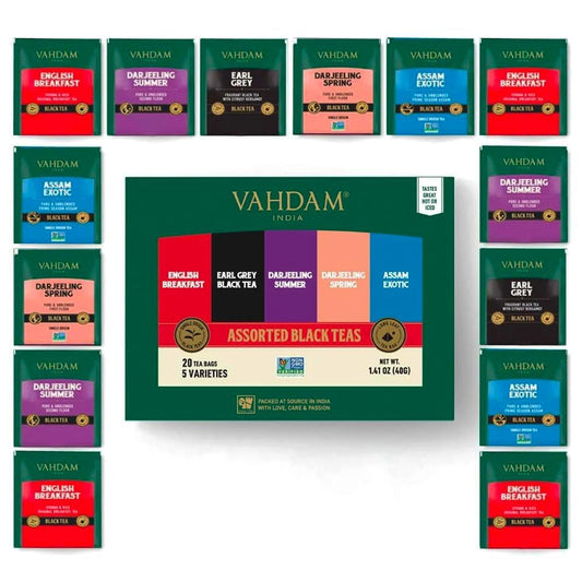 VAHDAM, Assorted Black Tea Bags Sampler (5 Flavors, 20 Ecofriendly Pyramid Tea bags) I Gift Ideas for Women & Men, Assam and Darjeeling Teas
