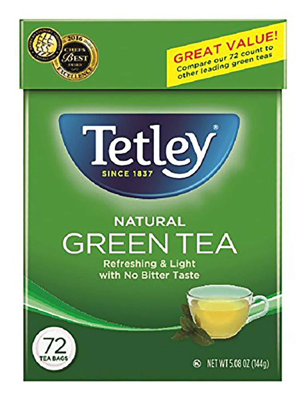 Tetley, Natural Green Tea, 72 Count (Pack of 6), Hot or Iced, Light, Refreshing Green Tea