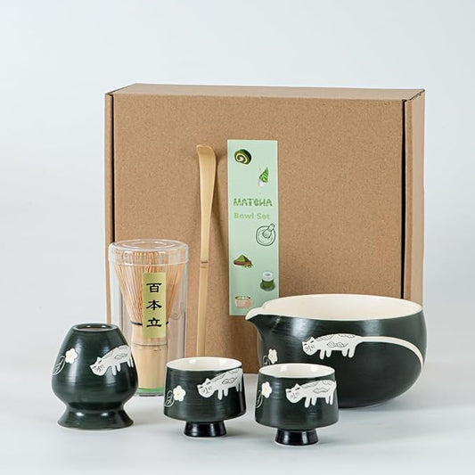 Unique Cat Matcha Tea Set, Matcha Bowl with Spout, 2 Cups, Bamboo Whisk, Chasen Holder & Scoop