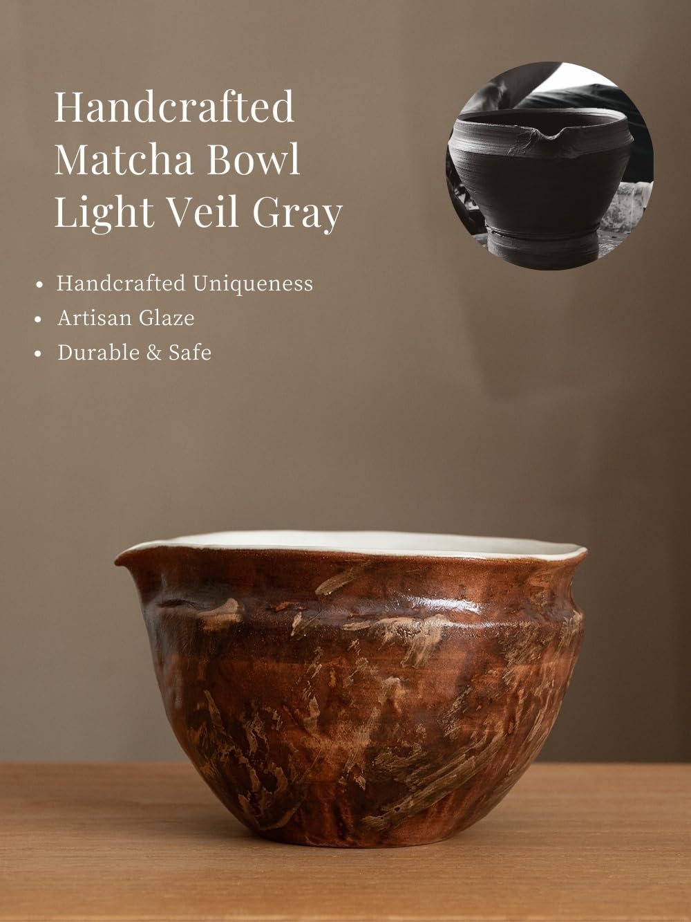 Matcha Set with Handmade Ceramic Bowl &amp; Bamboo Whisk, Dark Brown,6-Pc | Matcha Whisk Set, 16.9 Oz Ceramic Bowl with Spout, Bamboo Whisk, Holder, Scoop, Sifter and Tea Cloth, Matcha Kit for Ceremony