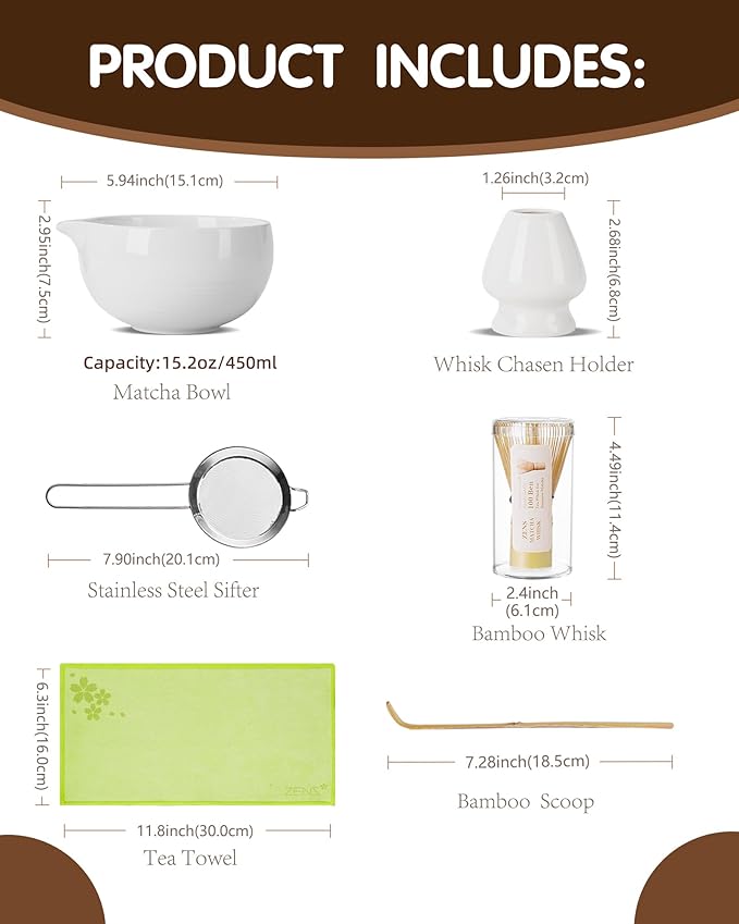 ZENS Matcha Whisk Set, 6pcs Matcha Kit Includes Ceramic Bowl, Handcrafted Bamboo Whisk and Chasen Holder, Scoop, 304 Sifter & Tea Mat，Matcha Set for Tea Ceremony,Latte Making, White