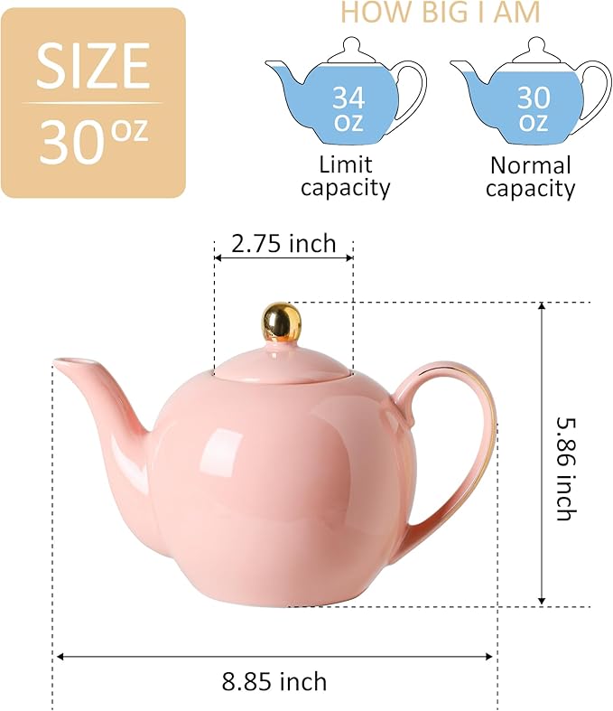 30oz Pink Porcelain Teapot, Blush Ceramic Teapot with Gold Trim, Romantic Teapot for Loose Leaf Tea, Tea Parties Gifts