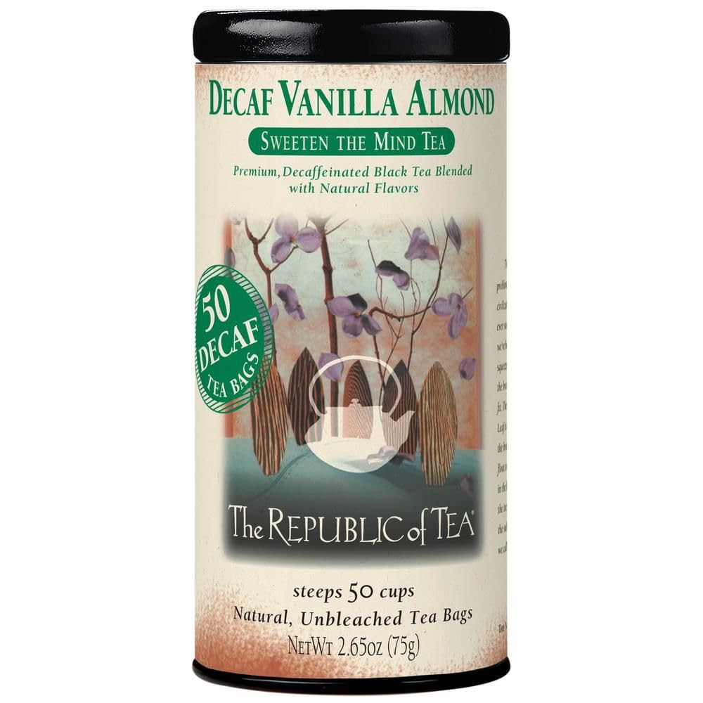 The Republic of Tea Decaf Vanilla Almond Black Tea, 50 Count | Suited to later-day sipping. Brisk and full-bodied with notes of soft sweetness. Gluten Free and Carb Free.