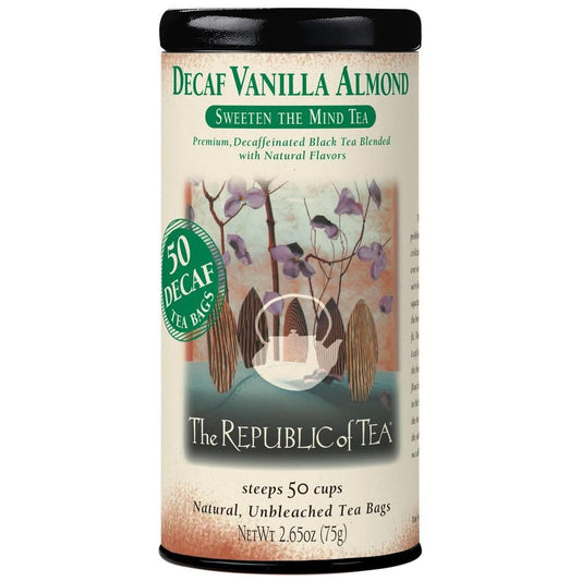 The Republic of Tea Decaf Vanilla Almond Black Tea, 50 Count | Suited to later-day sipping. Brisk and full-bodied with notes of soft sweetness. Gluten Free and Carb Free.
