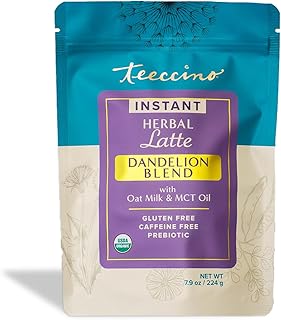 Teeccino Organic Instant Dandelion Herbal Latte – 14 Servings – Creamy Oat & Coconut Latte with a Blend of Roasted Chicory & Dandelion Roots – Gluten-free, Prebiotic, Caffeine-Free – 7.9 ounces
