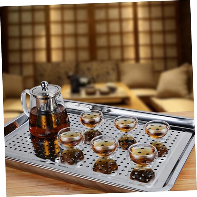 Stainless Steel Tea Tray Japanese Style Hollow Serving Plate for Tea Snacks Appetizers Removable Easy to Clean for Home Office Teahouse Restaurant