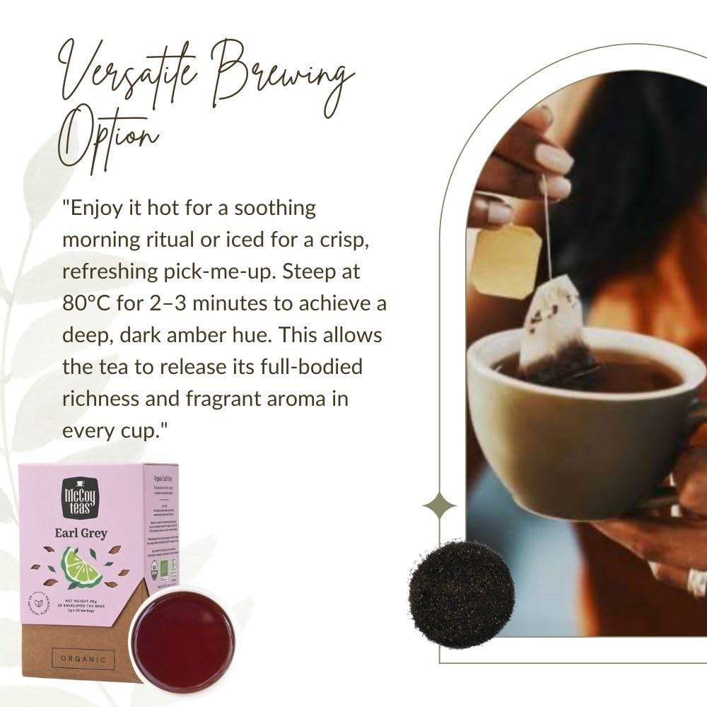 McCoy Teas Organic Earl Grey Tea Bags Black Tea Bags Ceylon Tea with Bergamot for Clarity and Relaxation with Premium Tea from Sri Lanka, 20 Bags (Pack of 01)