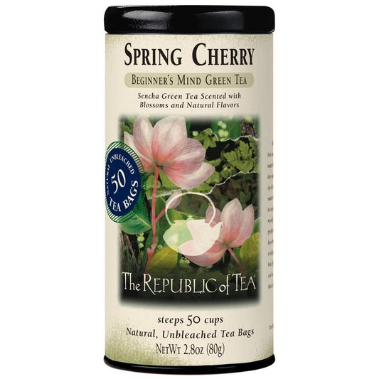 The Republic of Tea Spring Cherry Green Tea, Low Caffeine, 50 Count | A gentle cup for everyday sipping. Fresh with light vegetal notes. Gluten Free and Carb Free.