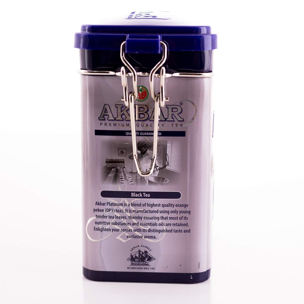 Akbar 100% Pure Ceylon Platinum Leaf Tea Tin (90g) - Premium Orange Pekoe OP1 Black Tea, Vegan, Mountain-Grown Loose Leaves