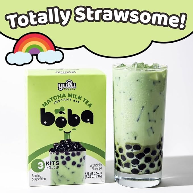 Matcha Latte Instant Bubble Pearl Matcha Milk Tea Kit with Authentic Brown Sugar Tapioca Pearls, Ready in Under One Minute, Paper Straws Included – 3 Servings Yulu Foods