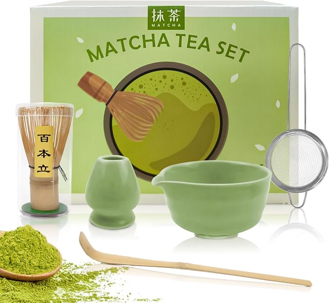 Ceramic Matcha Set Includes 17 OZ Matcha Bowl with Spout, Matcha Whisk Holder, Bamboo Whisk and Scoop, Stainless Steel Sifter - 5 Pcs Green Matcha Kit for Matcha Tea Ceremony, Gift for Matcha Lovers