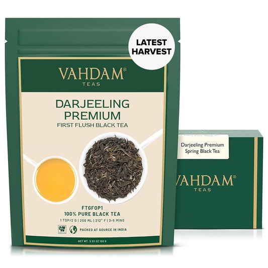 VAHDAM, First Flush Darjeeling Tea - 50 Cups (3.53oz), Loose Leaf Black Tea - Flowery, Aromatic & Delicious, Picked