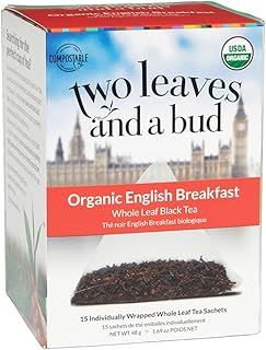 Two Leaves and a Bud Organic English Breakfast Tea Bags, Caffeinated Whole Leaf Black Tea in Compostable Sachets, 15 Count (Pack of 1)