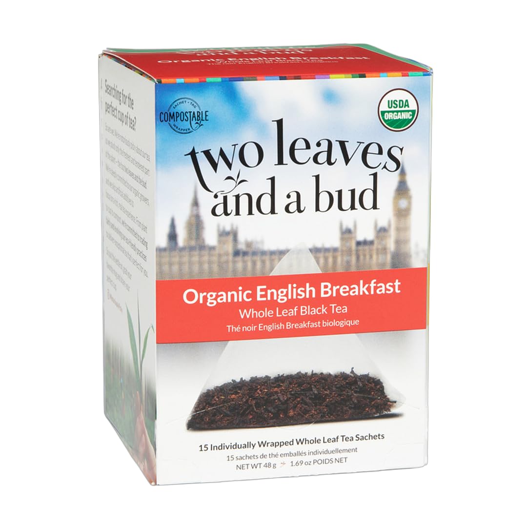 Two Leaves and a Bud Organic English Breakfast Tea Bags, Caffeinated Whole Leaf Black Tea in Compostable Sachets, 15 Count