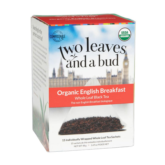 Two Leaves and a Bud Organic English Breakfast Tea Bags, Caffeinated Whole Leaf Black Tea in Compostable Sachets, 15 Count