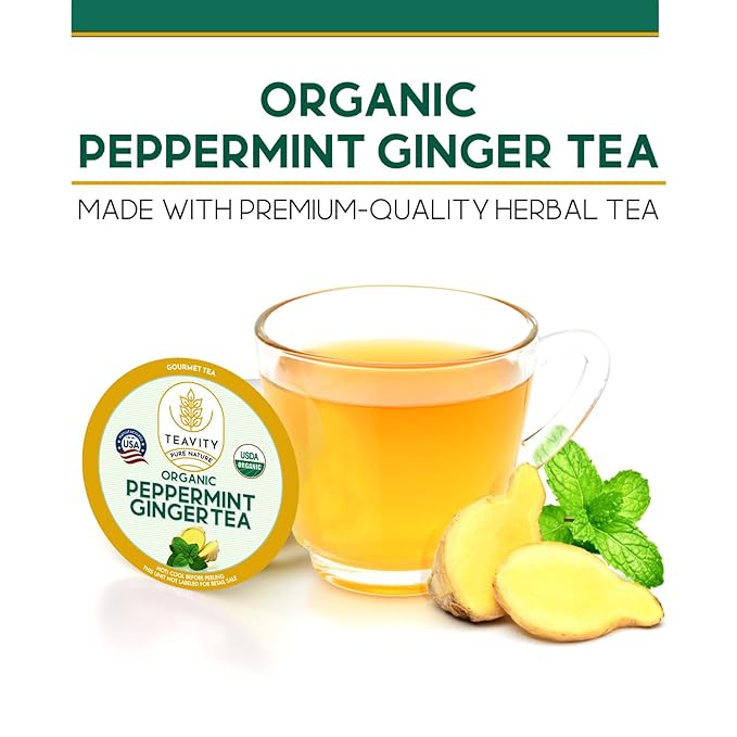 Teavity Organic Peppermint Ginger Tea Pods for Keurig - Decaf, 24 Count