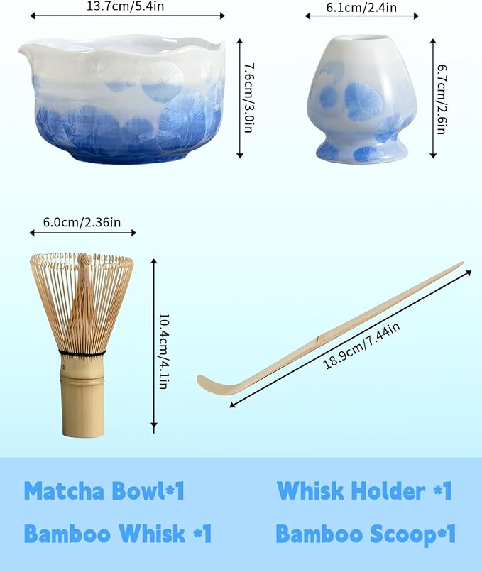 Natural Crystal Flower Matcha Set - 4 Pcs Food Grade Matcha Kit with Spouted Bowl, Matcha Whisk, Scoop and Chasen Holder