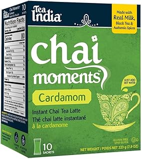 Tea India Chai Moments Cardamom Chai Tea Instant Latte Mix Flavorful Blend Of Premium Black Tea, Cardamom & Natural Ingredients Traditional Indian Tea Individually wrapped 10 Sachets