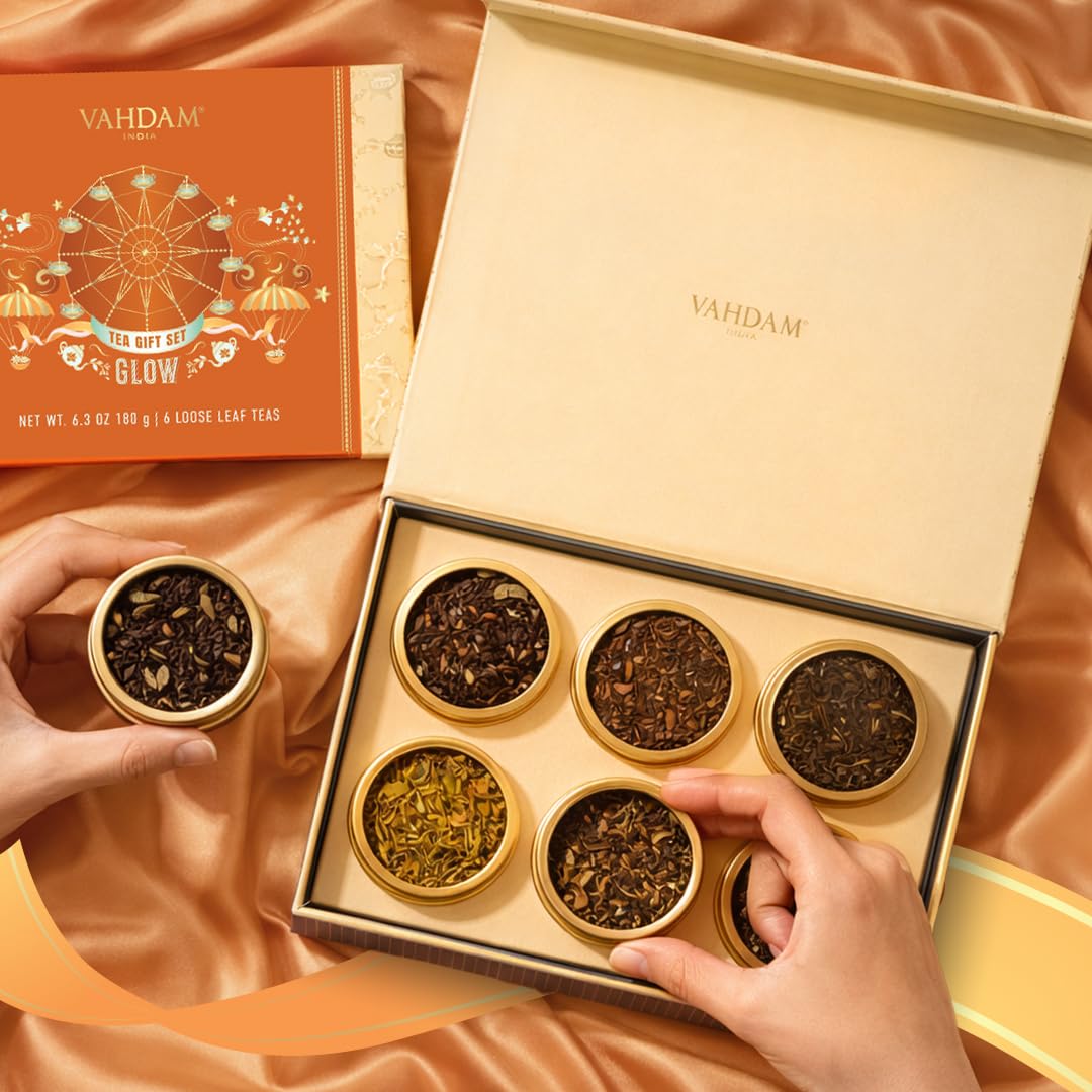 VAHDAM, GLOW - Assorted Mothers Day Gift Set for Mom from Son, Daughter (6 Loose Leaf Tea) Tin Caddy Presentation Box | Gluten Free, Non GMO | Mothers Day Gifts for Mom/Grandma