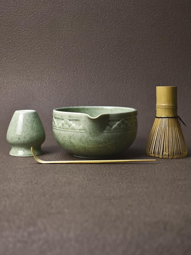 Artcome Matcha Tea Set with Pouring Spout - Green Ceramic Matcha Bowl, Bamboo Whisk, Whisk Holder