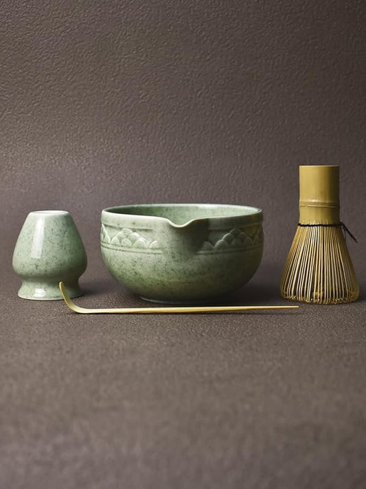 Artcome Matcha Tea Set with Pouring Spout - Green Ceramic Matcha Bowl, Bamboo Whisk, Whisk Holder