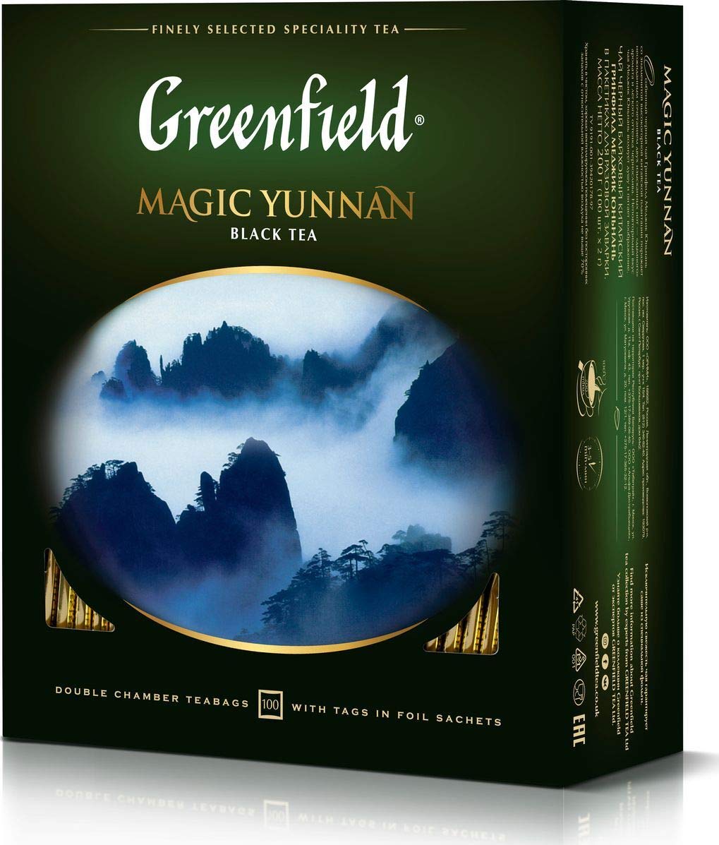 Greenfield Magic Yunnan Black Tea, 100 Double Chamber Tea Bags, Premium Chinese Yunnan Blend, Rich & Malty, Smooth Finish, Individually Sealed Foil Sachets, Caffeinated