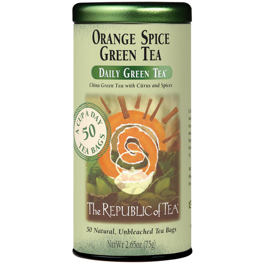 The Republic of Tea Daily Green Orange Spice Green Tea, Low Caffeine, 50 Ct | A gentle cup for everyday sipping. Fresh and lightly vegetal with notes of warming spice. Gluten Free and Carb Free.