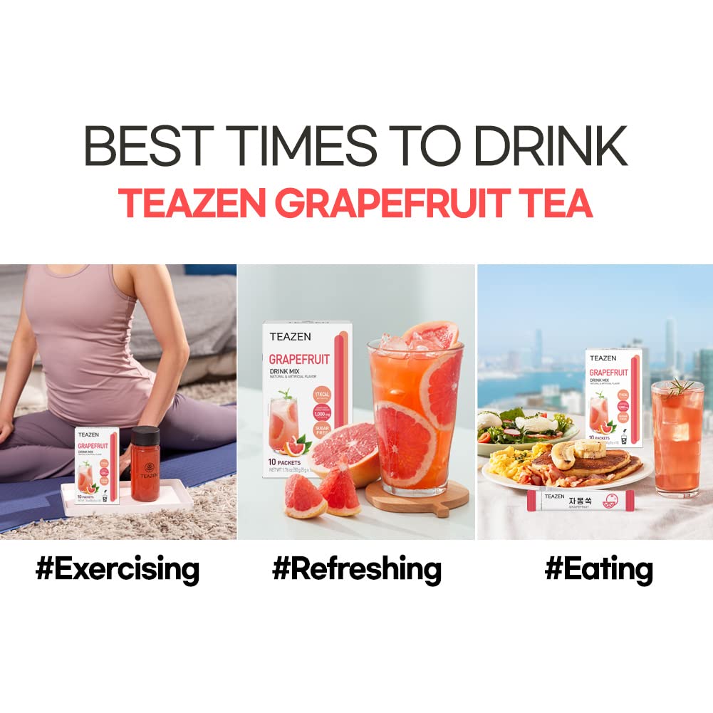 TEAZEN Grapefruit Tea Powder, Sugar Free, Hibiscus and Green Tea, Powdered Mix Beverage from Korea, On-the-Go 10 Packets