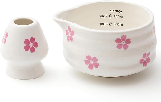 2pcs Matcha Bowl with Whisk Holder, Ceramic Cherry Blossom Matcha Bowl with Spout, 16.5OZ Porcelain Bowl with Measurement Marks