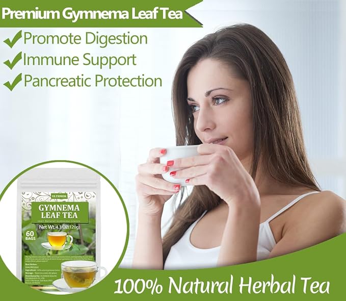 Premium 60 Gymnema Leaf Tea Bags, Made with 100% Natural Gymnema Leaves, No Additives & Caffeine Free & Sugar Free.