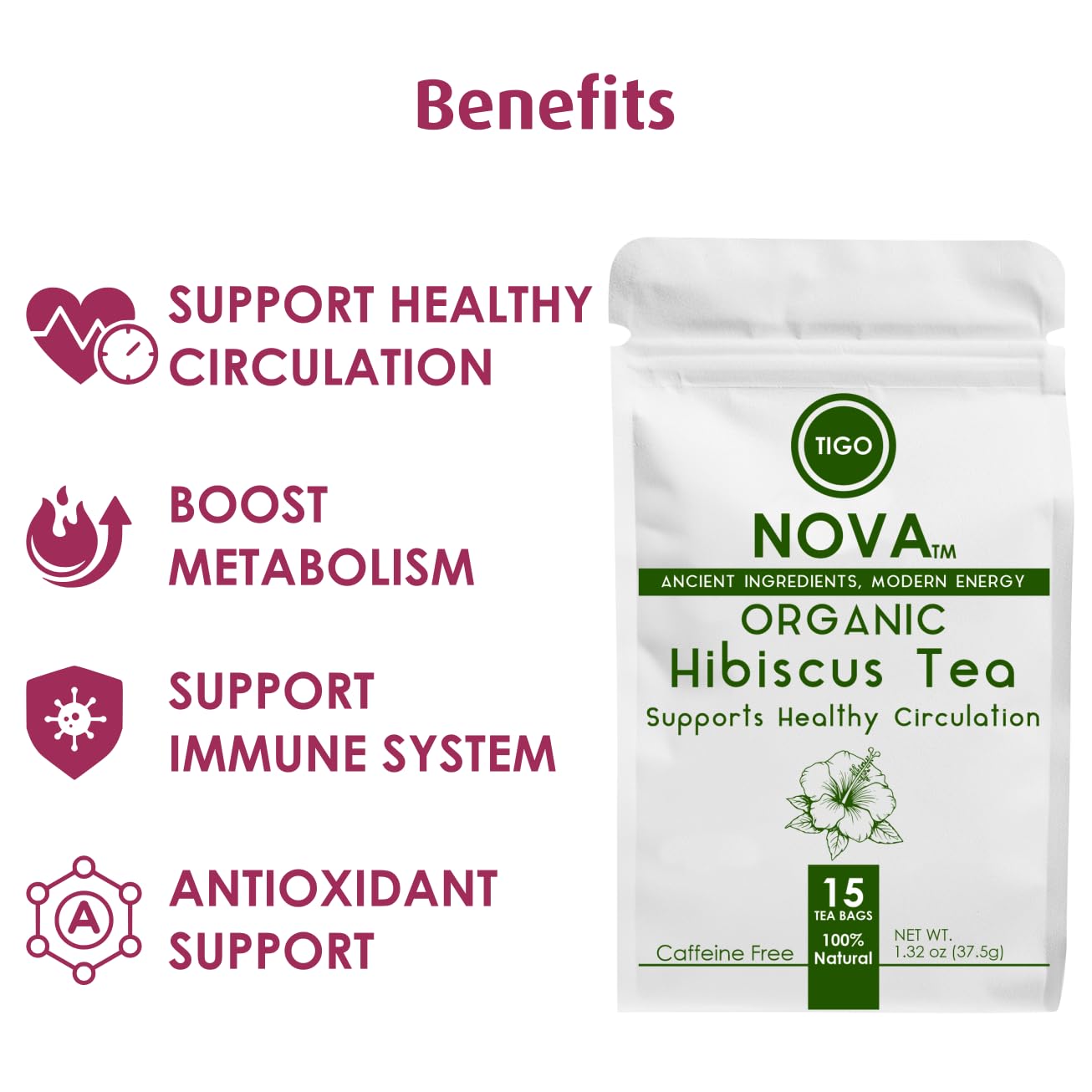 FRESH Premium Hibiscus Tea Bags, 100% Natural &amp; Plant-Based (Vegan) Ingredients, Caffeine free | Authentic African Origin | Eco-conscious Teabags | 15 count