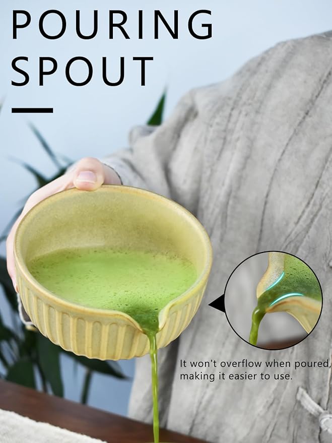 Artcome Matcha Bowl Set with Pouring Spout - Ceramic Matcha Bowl, Bamboo Whisk, Whisk Holder, Tea Scoop