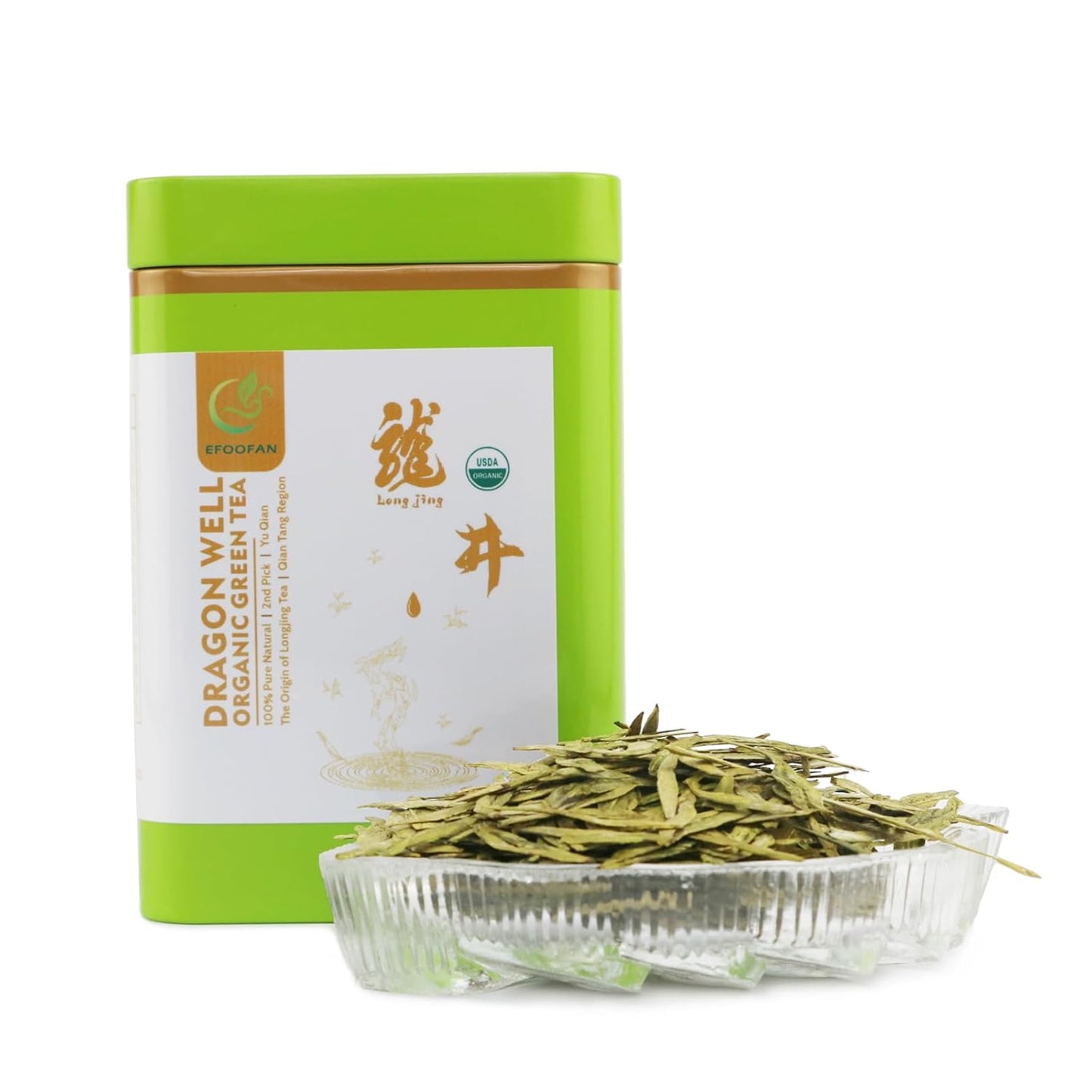 EFOOFAN Organic Dragonwell Green Tea, Loose Leaf, 2nd Harvest, 100g Tin | USDA organic. Yu Qian: full-bodied, toasty &amp; grassy. Hand-crafted, pan-fired. Re-steep 2-3x. Spent leaves edible. Premium tea