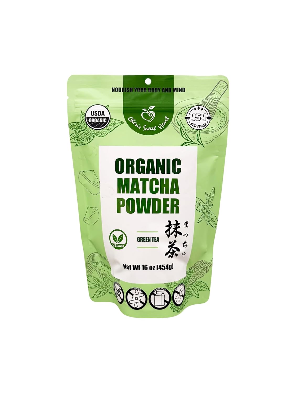 Cherie Sweet Heart Organic Matcha Green Tea Powder - Premium Culinary Grade, Authentic Japanese Origin, Antioxidant-Rich, Gluten-Free, Vegan – Perfect for Lattes, Cooking, Baking &amp; Smoothies – 16oz Resealable Bag