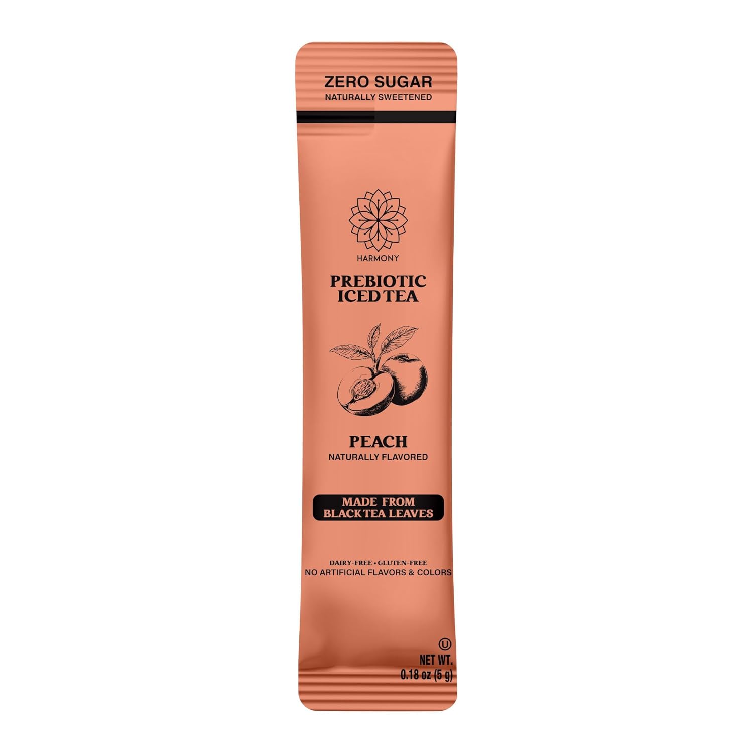 Harmony Prebiotic Iced Tea Stick Packs, Peach - Zero Sugar Peach Iced Tea Drink Mix Packets with 3g Prebiotic Fiber, Caffeinated Instant Black Tea, Dairy Free, Gluten Free, 10 Count