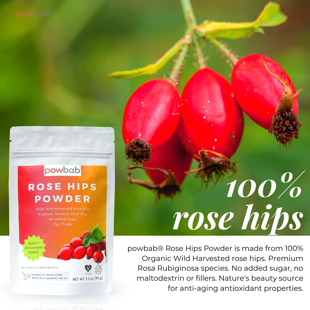 powbab Rose Hips Powder from 100% Wild Organic Rosehip. Premium Rosa Rubiginosa. Seedless Ground Rosehips from Whole Dried