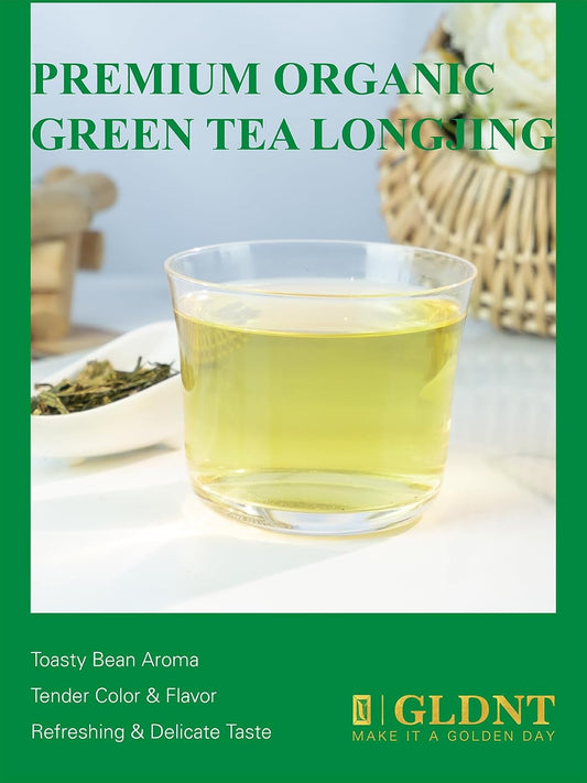 GLDNT Organic Longjing Green Tea, Chinese Dragon Well Tea Loose Leaf, 3.5oz | Fresh &amp; Brisk Taste, Smooth Finish, Toasty Bean Aroma, Caffeinated Green Tea, Hot or Iced Tea, Resealable Bag