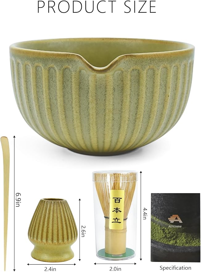 Artcome Matcha Bowl Set with Pouring Spout - Ceramic Matcha Bowl, Bamboo Whisk, Whisk Holder, Tea Scoop