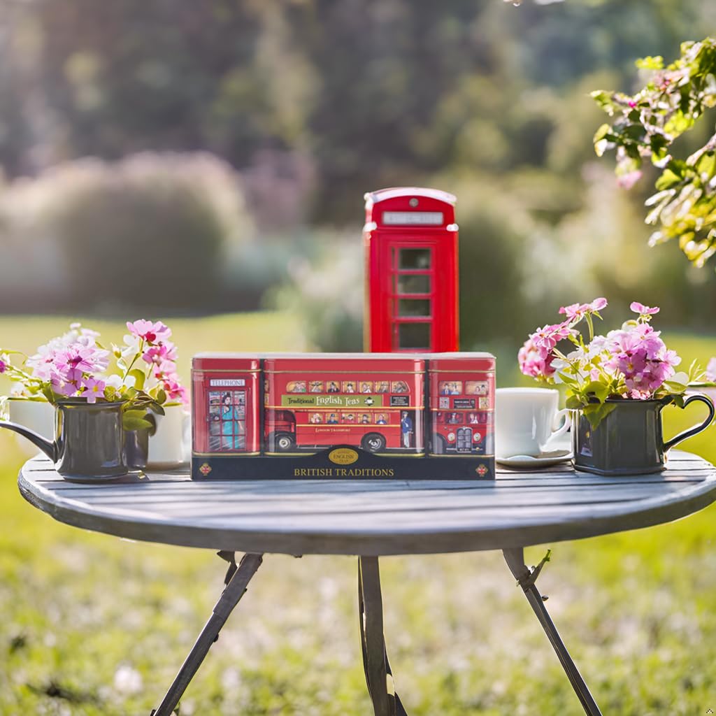 New English Teas British Tea Tin Set with 2 oz Loose Leaf Tea &amp; 10 Tea Bags | London Souvenir Gift, Post Box, Red Bus, Telephone Box – English Breakfast Tea, Black Tea