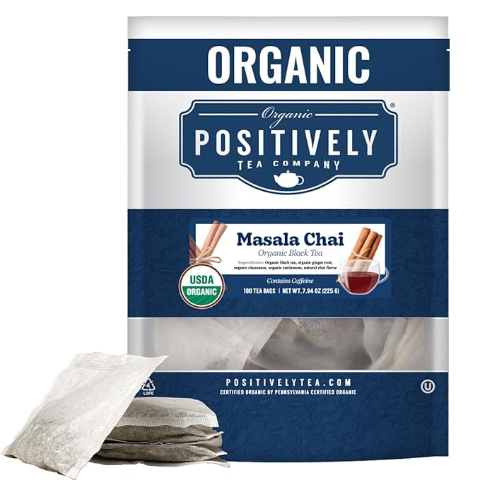Organic Positively Tea Company, Masala Chai Black Tea Bags, 100 Count, Eco-Friendly Tea Bags, Non-GMO
