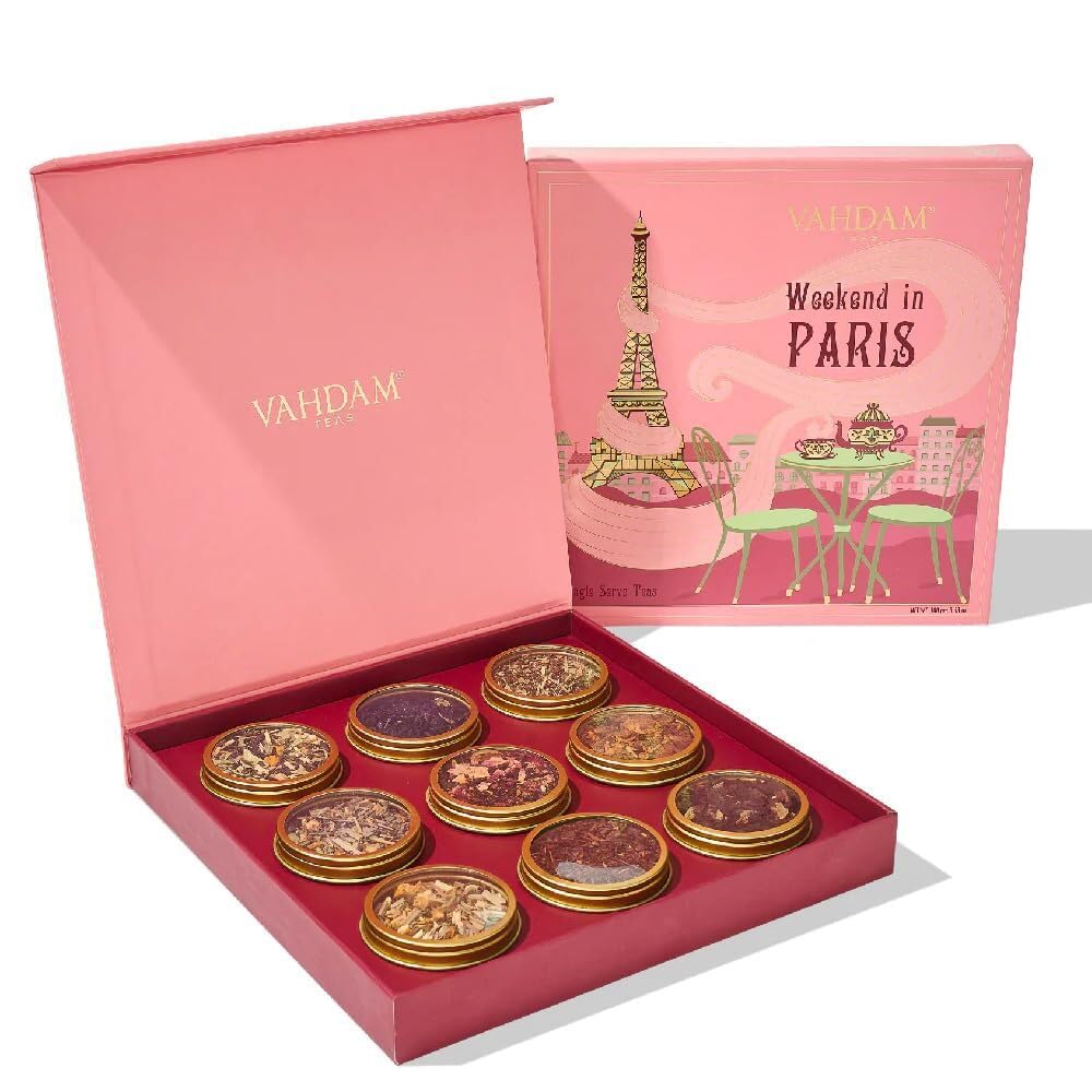 VAHDAM, Weekend in Paris Tea Gift Set - 9 Assorted Teas, Travel Edition Gift Box, Natural Ingredients Luxury Tea Set, Gluten Free, Non-GMO