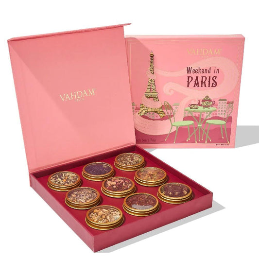 VAHDAM, Weekend in Paris Tea Gift Set - 9 Assorted Teas, Travel Edition Gift Box, Natural Ingredients Luxury Tea Set, Gluten Free, Non-GMO