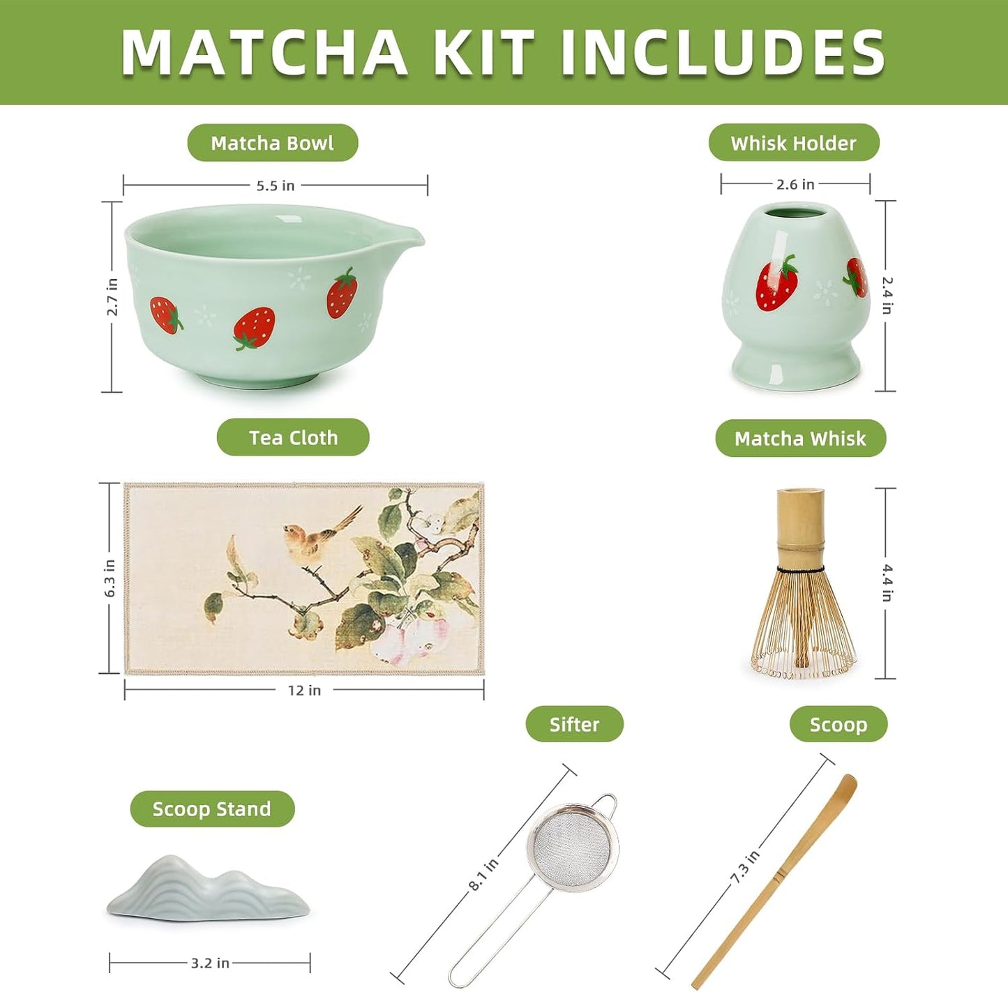 Koythin 7-Piece Blue-Green Strawberry Matcha Ceramic Tool Set | Full Matcha Preparation Set, Multi-Piece Matching Decor; Perfect Tea Lover Gift