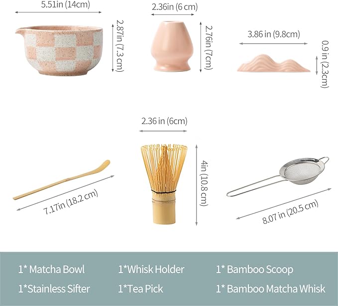 Premium 7-Piece Matcha Tea Set – Traditional Japanese Style with Elegant Grid Pattern, Includes Bamboo Whisk, Ceramic Bowl, Scoop & More