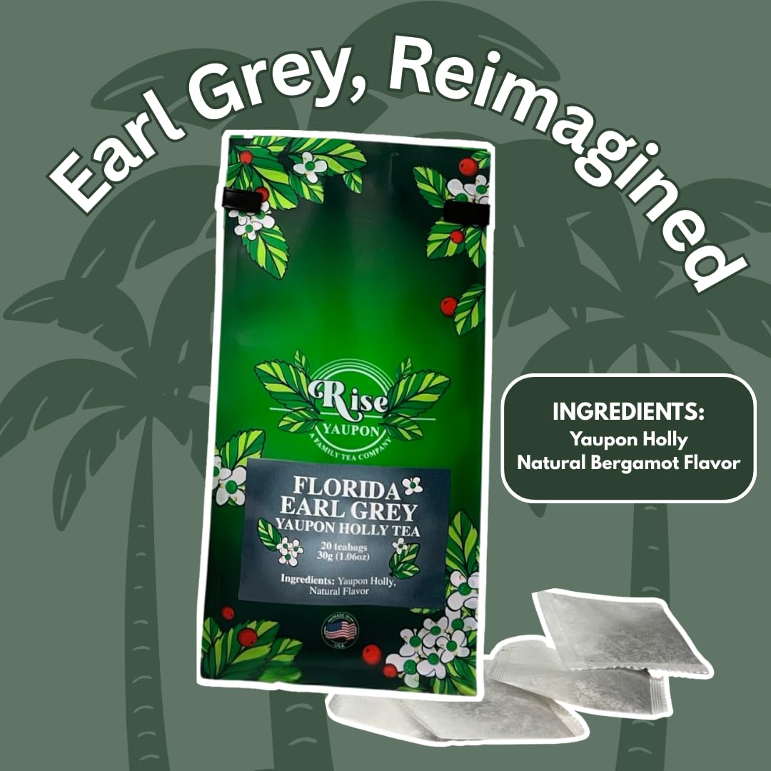 Florida Earl Grey Yaupon Holly Tea; 20 Teabags, 1.06oz, Naturally Caffeinated, Florida-grown Yaupon Holly with Bergamot