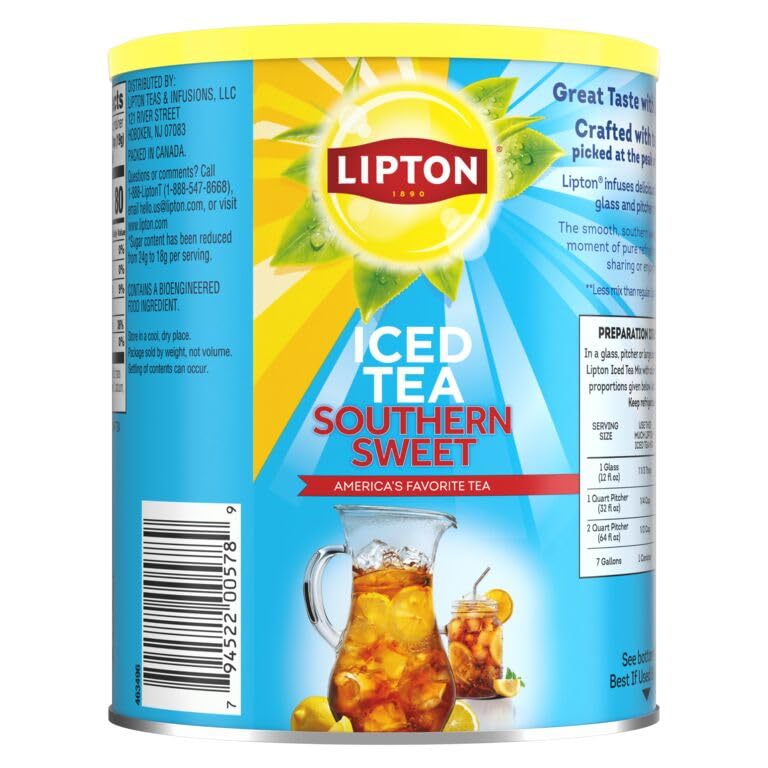 Lipton Reduced Sugar Lemon Iced Tea Mix, Makes 28 Quarts, Pack of 2 | Black tea with lemon flavor and 25% less sugar per serving than regular Lipton Powdered Iced Tea Mix