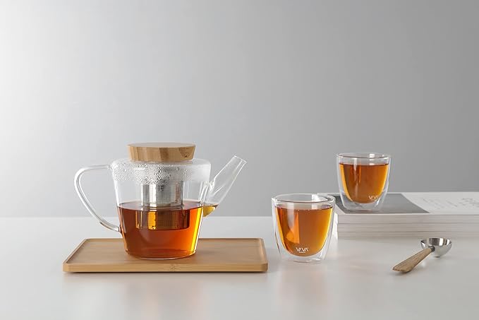 Viva Infusion Borosilicate Glass Tea Pot for Stovetop with Loose Leaf Tea Infuser Mesh - 34 ounce/1 Liter - Modern Teapot Features Bamboo Wood Lid