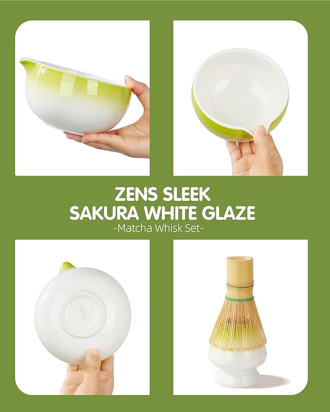 ZENS Matcha Whisk Set, 5pcs Matcah Kit Includes Ceramic Bowl with Spout, Handcrafted Bamboo Whisk, (Chasen) Holder, Scoop & Tea Mat, Matcha Set Gift for Tea Ceremony, Green