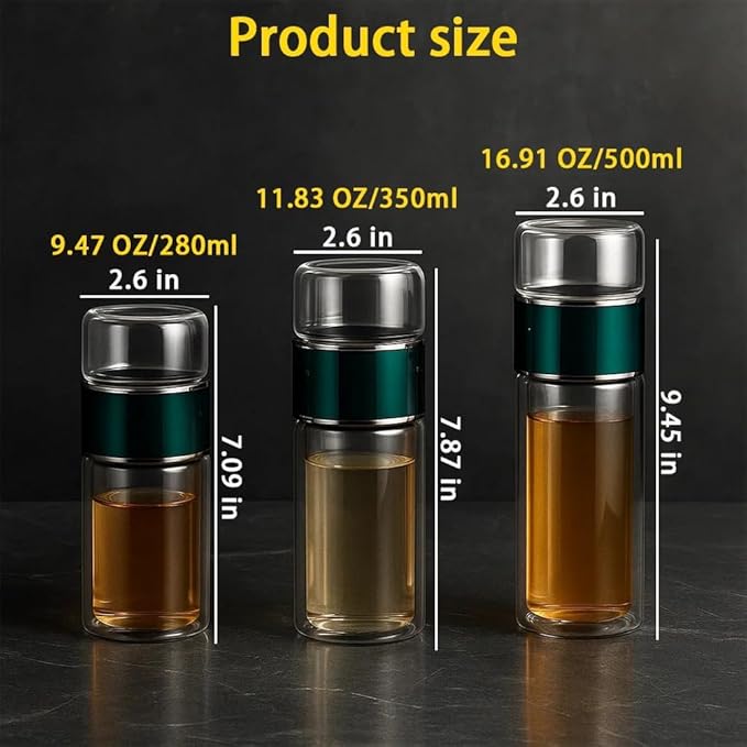 Glass Infuser, 3-in-1 smart Tea Infuser Double Wall Glass Teacup with infuser for Loose Tea, Portable Teas Steeper (Gold, 9.5oz)